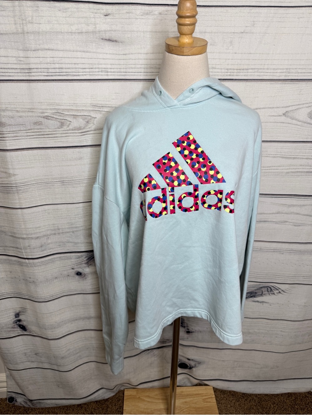 adidas Women's Light Blue Pullover Hoodie, colorful logo